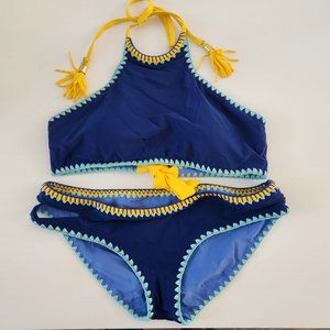 Bikini Womens XL Reversible 2 Piece Embroidered Blue Yellow Tassle